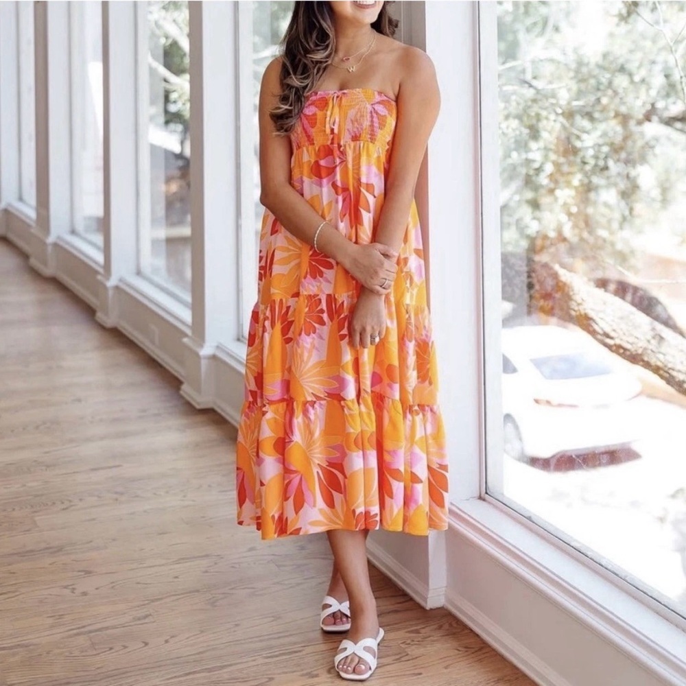 Abel the Label Anthropologie Floral Strapless Midi Tiered Midi Dress Medium
